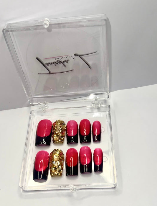 C Curve French Tip Glam - Black/Gold - (XS-M) - press on nails - set of 10