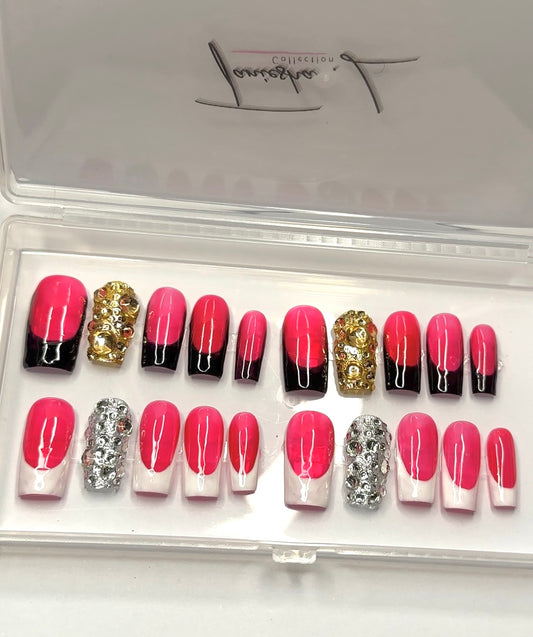 French Tip Glam Black/Gold X White/Silver DUO SET (XS-M) - press on nails - set of 10